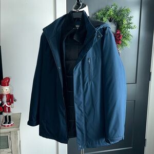 Men's L Kenneth Cole winter Navy with removable Hood Jacket black lining
